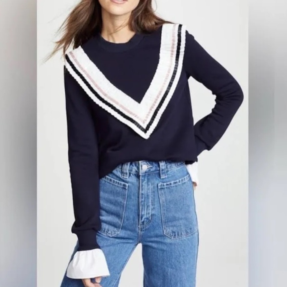 ENGLISH FACTORY Navy Blue Sweatshirt with White Ruffle Trim, Size S